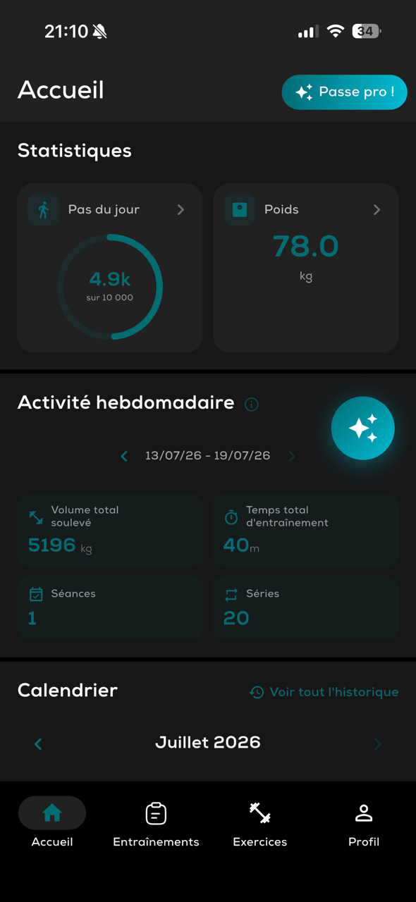Tableau de bord avec statistiques de progression et indicateurs de santé